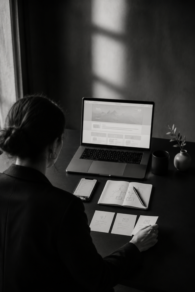 Marketing strategist reviewing website performance, email campaigns, and customer journey planning.