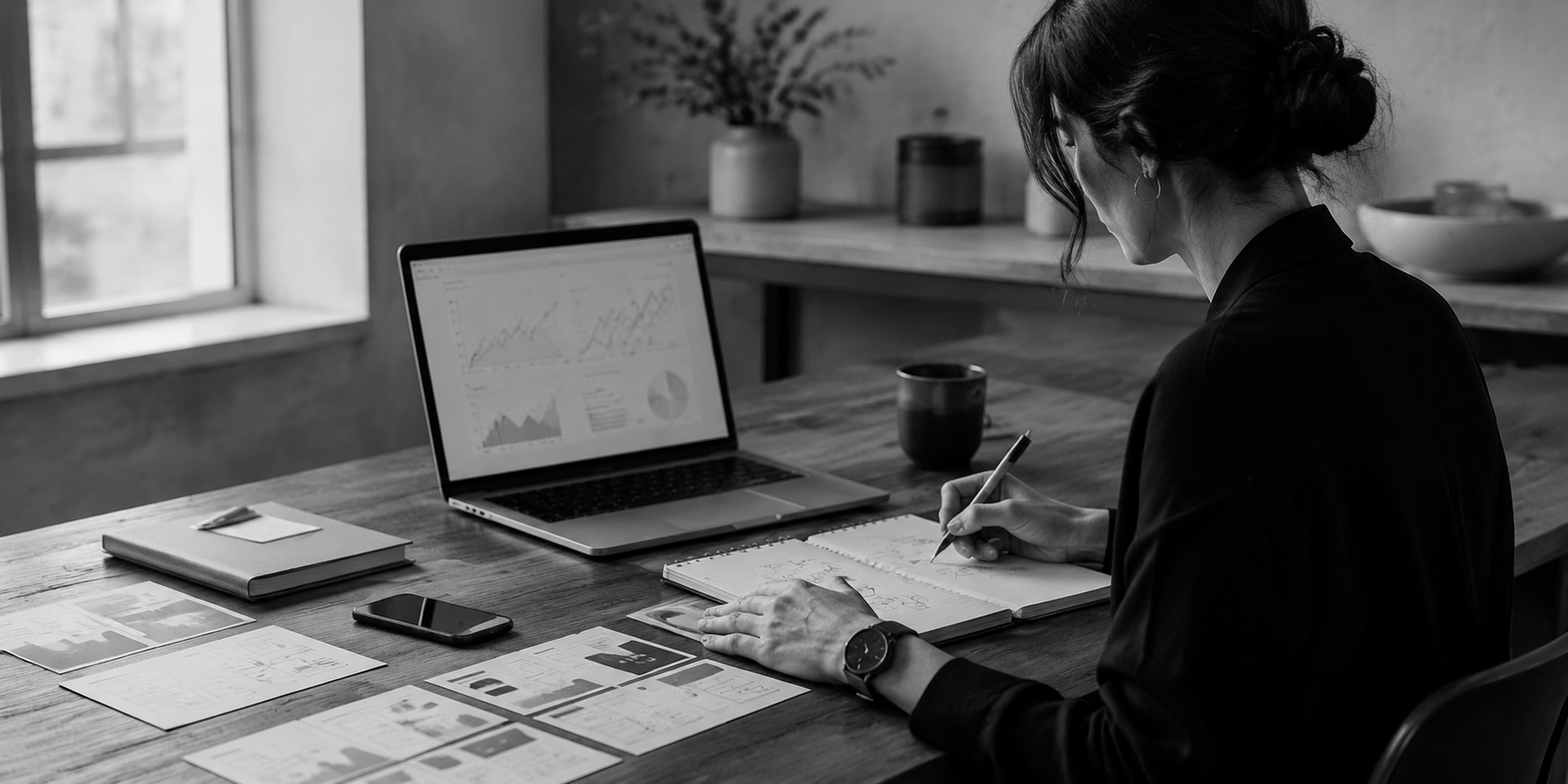 Digital marketing strategist reviewing campaign analytics and planning customer journeys in a modern studio.