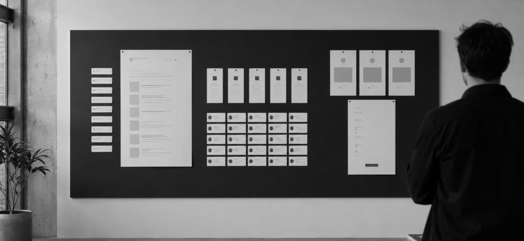 Strategist reviewing a monochrome campaign board showing search acquisition, five market segments, social lead forms and recorded leads.