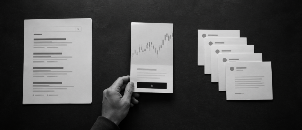 aid search, a funded-trading EA download and a five-email automation sequence shown as monochrome project materials.